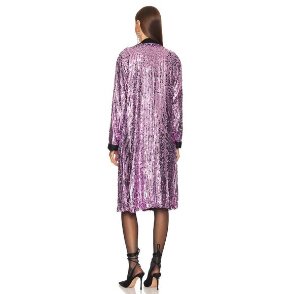 FREE PEOPLE Ella Duster Sequin Purple Combo Black Trim Jacket XS/S Oversized NWT - Picture 12 of 13
